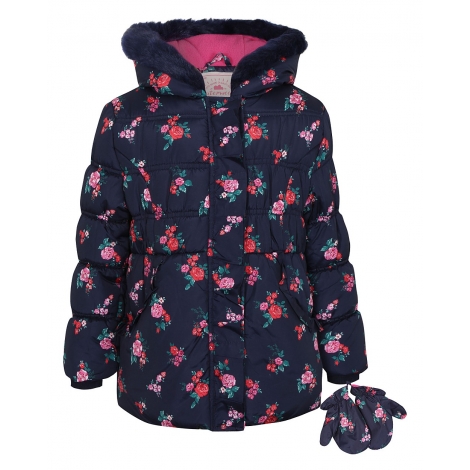 Floral Shower Resistant Ruffle Detail Coat with Mittens